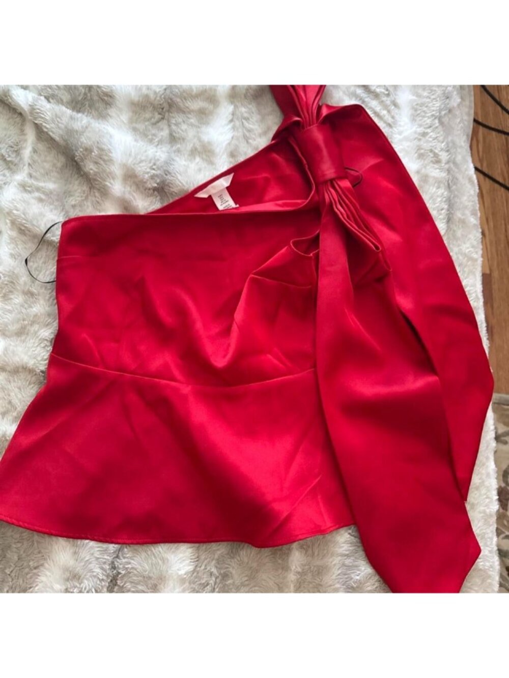 Red satin bow one shoulder top in a S
